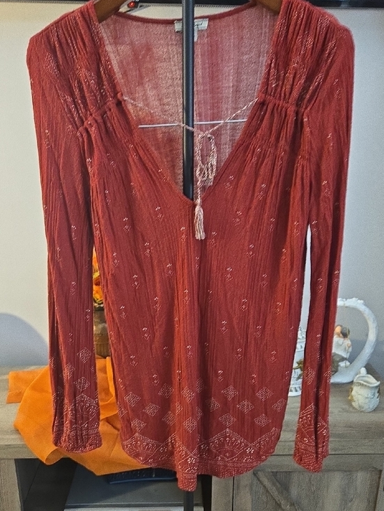 Lucky Brand Tops - Rust Red Embellished V-Neck Long Sleeve Top